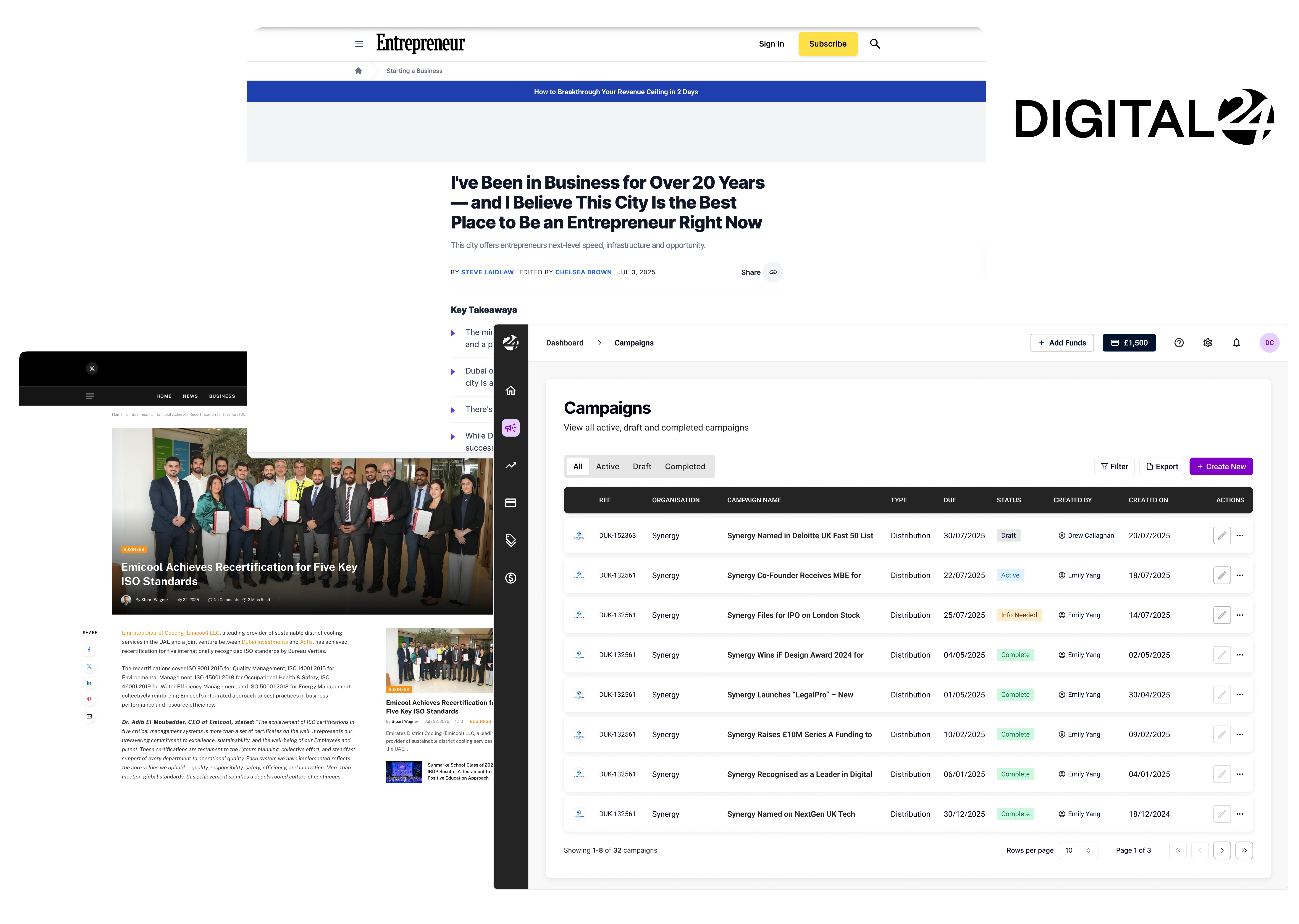 Digital 24 platform showing media coverage results and campaign dashboard